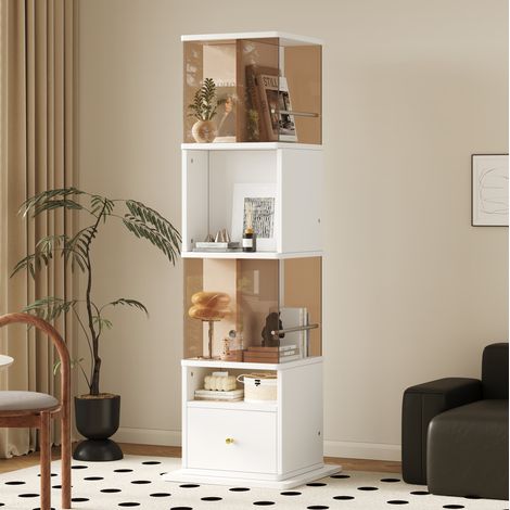 Vitrine tournante 50 x 50 x 160 cm avec LED, rangement à tiroir, MDF et verre trempé marron, blanc et brun (1/5)