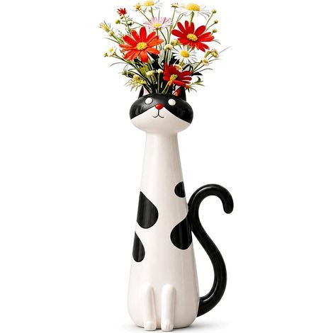Vase insolite en forme de chat fabriqué à la main - 18 cm - Pot de fleurs mignon et amusant pour petites fleurs, bureau, étagère, décoration d'intérieur, cadeau unique pour les amateurs de chats (noir (1/5)