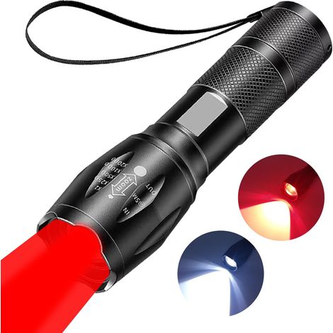 Lampe de poche rechargeable 2 en 1 rouge super lumineuse zoomable 2000 lumens avec combinaison de lumière blanche et rouge, lampe torche étanche pour observation nocturne, astronomie, aviation