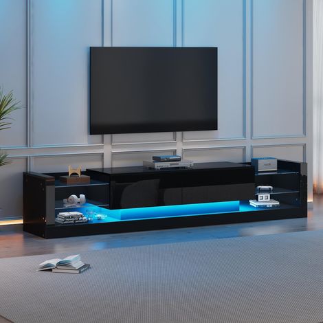 Mobile porta TV lucido con illuminazione LED 181 cm, per TV fino a 80 pollici, pannelli in vetro, 2 cassetti a ribalta - Nero (1/5)
