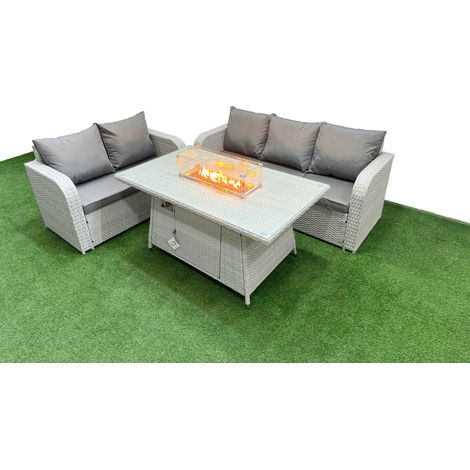 Fimous 5 Seater PE Rattan Wicker Garden Furniture Patio Conservatory Sofa Set with Firepit Dining Table 3 Seater Sofa Love Sofa (1/4)