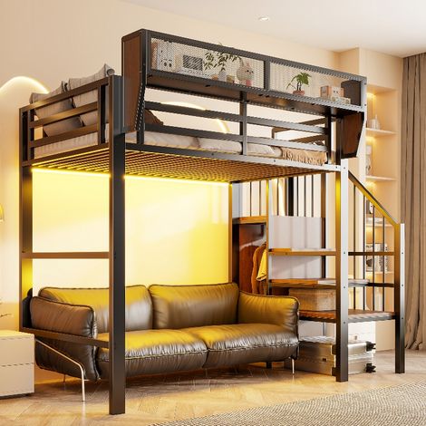 Hochbett 90x200 cm aus Metall mit LED-Beleuchtung, flexiblem Stauraum und Sicherheitsleiter - Platzsparendes Etagenbett für Kinder und Erwachsene in Schwarz (1/5)