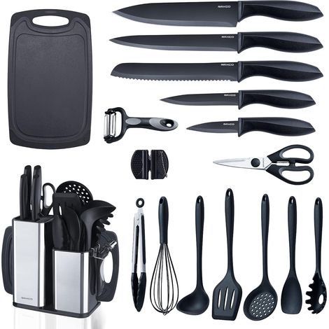 Set of 18 kitchen knives with block, kitchen utensils with 5 pieces of knives and 7 pieces of silicone spatula, kitchen accessory set (1/5)