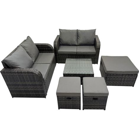 Fimous Rattan Garden Outdoor Furniture Set Love Sofa Square Coffee Table Set with 3 Stools Dark Grey Mixed (1/5)