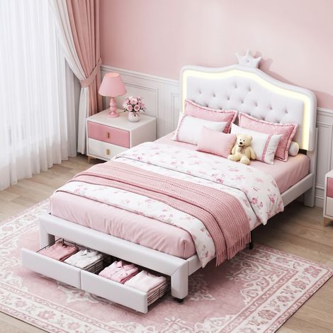 Lit avec tiroirs 140x200 cm - lit de princesse couronne blanc en simili cuir pu capitonné avec tête de lit rembourrée réglable éclairage led rgb et sommier à lattes (1/5)