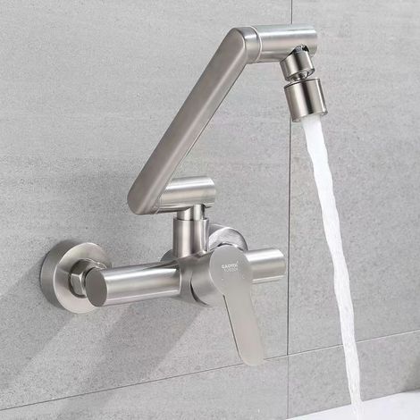 Robinet de cuisine Robinet d’évier de cuisine Salle de bain d’eau chaude et froide rotative à 1080° en acier inoxydable Robinet mural de cuisine (1/5)
