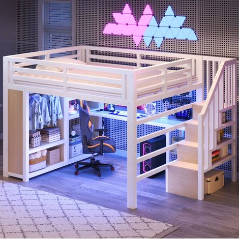 Letto a soppalco per adulti 140x200 cm con scrivania, illuminazione a LED, contenitore e armadio a giorno, per camera da letto, in metallo - bianco (1/5)