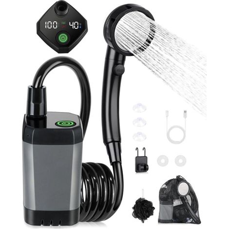 Douche portable, pompe de douche électrique rechargeable, étanche, 4 modes pour l'extérieur, le camping et la randonnée, gris (1/4)