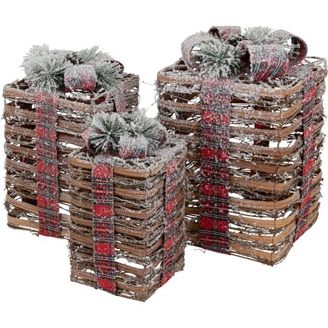 ECD Germany Set de 3 Boîtes Cadeaux LED, Marron, Rotin Enneigé, Fonctionnant sur Piles avec Minuterie, Éclaraige Blanc Chaud, pour Arbre de Noël, Décoration Cadeau Noël, Boîtes Guirlandes Lumineuses