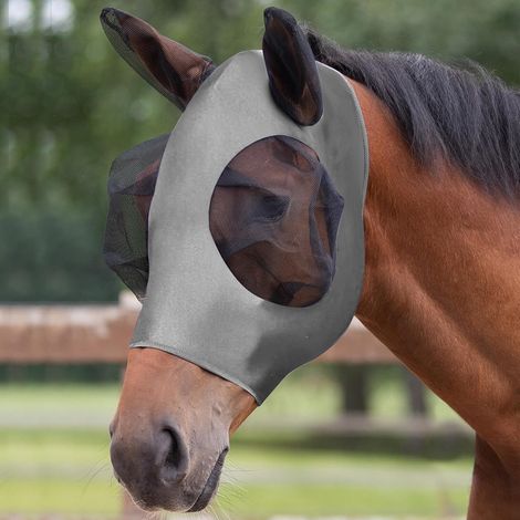 Élasticité Masque de Mouche de Cheval, Nylon Masque Anti-Mouches Protection, Masque Anti Mouche Cheval, Anti-Mouches/Anti-UV/Protéger Les Yeux et Les Oreilles(Gris). (1/5)