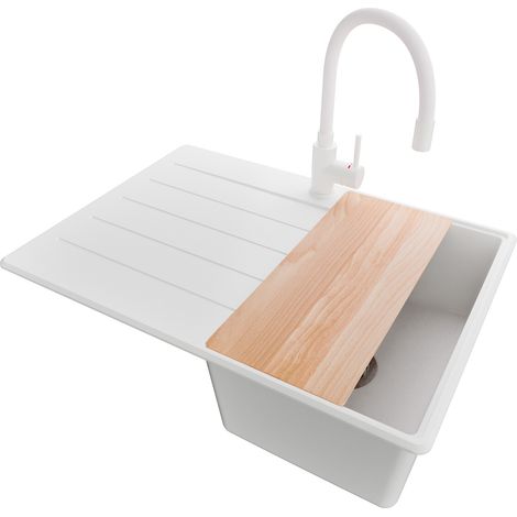 PRIMAGRAN Evier Cuisine en Granit 70x50cm, Lavabo 1 bac + Robinet 38x14cm + Kit de Vidage + Accessoire, Évier à Encastrer au meuble 40cm - Copenhague, Blanc (1/5)