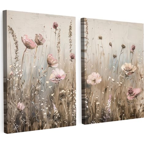 MULTI-PANEL WALL ART Set of 2 Flowers - Beige - Modern - Pink 60x40 cm