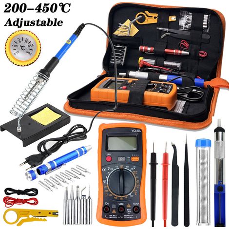 Fer à Souder Kit, 60W Kit de Soudure, Temperature Réglable de 200450℃, Multimètre, 5PCS Conseils de soudage, Pompe à Dessouder, Fil de Soudure, Pincettes, Tournevis, Dénudeur de Fil, Support (1/4)