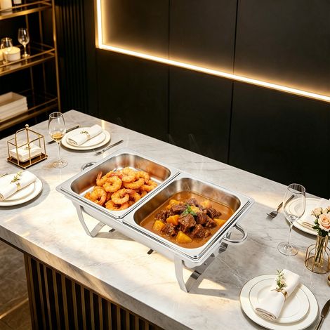 Chauffe-plats 7,5 litres/2 compartiments en acier inoxydable, bol chauffant pour buffet, récipient chauffant en acier inoxydable, récipient chauffant en acier inoxydable pour buffet (1/5)
