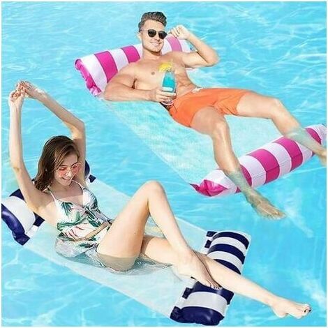 Premium Lit Flottant à Eau, 2Pcs Flottant Hamac Gonflable, Flotteur Piscine 4 en 1 pour Adultes avec 1 Pompe à air, Pliable Flottantes Ultraléger, pour Plage Partie Vacances, Bleu foncé+Rose Rouge (1/4)