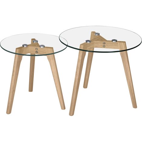 Tables basses rondes en verre et bois d'hévéa (lot de 2) - Vénus