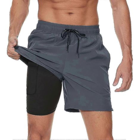 Short de bain homme avec doublure de compression et séchage rapide - Short de plage/surf avec poches zippées pour homme Back - Grey-XXL (1/5)