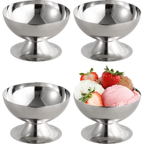 Ensemble de 4 coupes à glace en acier inoxydable, 200 ml, diamètre 10 cm, coupes à dessert vintage en acier inoxydable avec base, convenant aux crèmes glacées, yaourts, fruits, salades et puddings. (1/5)