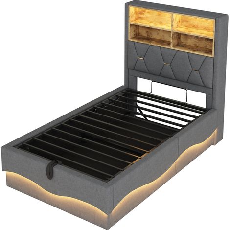 Lit pour enfant 90×200 cm avec rangement hydraulique, bande lumineuse LED pilotée par application, port de charge USB, sommier à lattes en métal, revêtement en lin gris. (1/5)