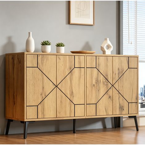 MDF-Sideboard in Holzoptik mit 4 Türen und geometrischem Design, 120 x 35 x 69 cm (1/5)