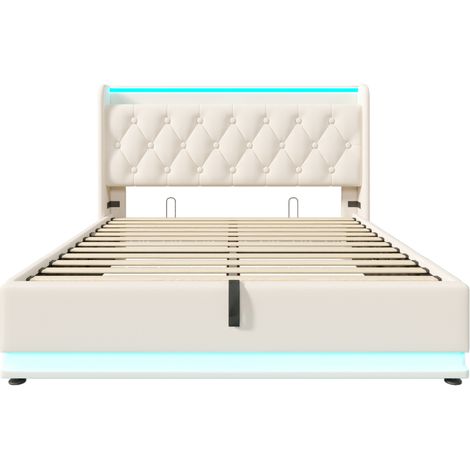 Polsterbett 140 x 190 cm Weiß aus PU mit 360°-LED, Hydraulik-Stauraum, USB-C-Kopfteil (1/5)