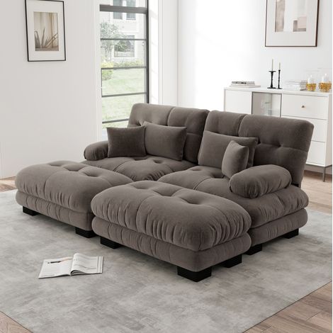 Canapé d'angle modulable en chenille marron avec 2 ottomans, 2 coussins lombaires DESVIAE (1/5)