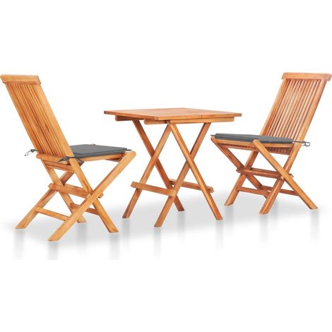 Conjunto de jardín bistro muebles de exterior terraza 3 piezas con cojines grises madera maciza de teca 020013515