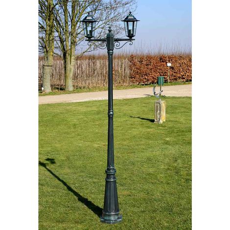 Lampadaire de jardin 2 bras en aluminium et verre – Hauteur 215 cm, douille E27, IP44, vert foncé/noir (1/5)