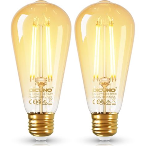 Ampoule LED E27 Classe B, 2.5W Équiv. 40W, 2700K, 480lm, Lot de 2 Blanc chaud, Ampoules à filament E27 ST58, Non-dimmable, Style vintage, pour suspension, applique murale et lampe de table (1/5)