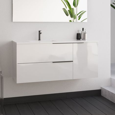 Meuble sous vasque seul, 2 tiroirs et 1 porte, 100cm, pour vasque déportée à gauche, blanc laqué - KING