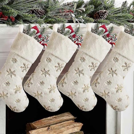 Calcetines navideños, paquete de 4, 48 cm, calcetín navideño grande de piel sintética con copos de nieve de lentejuelas doradas para la familia, decoración navideña rústica personalizada para interior (1/5)