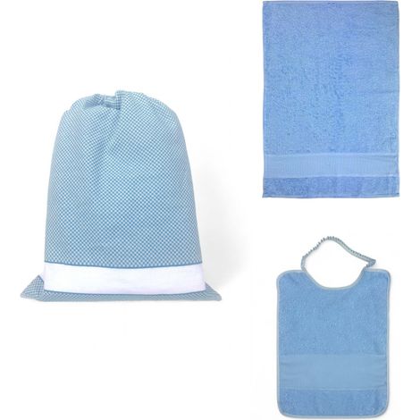 Set Asilo Nuvola 3 Pezzi in Puro Cotone con Tela AIDA da Ricamare - Sacco + Bavaglino + Asciugamano Azzurro