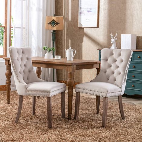Lot de 2 chaises de salle à manger modernes, capitonnées en velours, pieds en bois massif, clous décoratifs, beige (1/5)