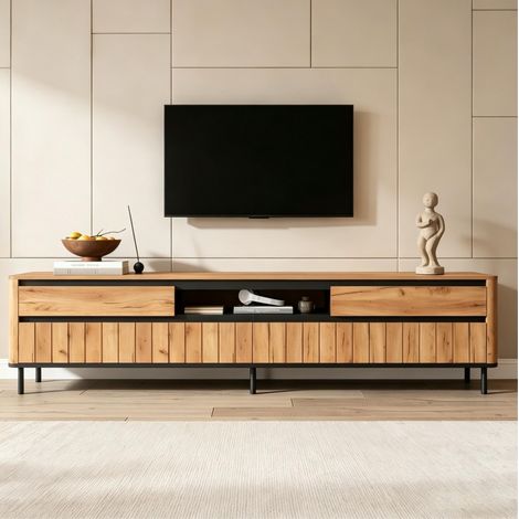 Meuble TV 180x40x52 cm en MDF et métal naturel/noir, avec rangement pour salon, FloraGrace (1/5)