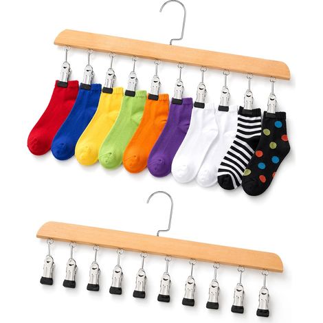 2 Pièces Cintre Pince en Bois, Porte Casquette et Porte Cravate Dressing Cintre avec 20 Pinces, Organiseur de Casquettes, Trouser Hanger, Hat Storage pour Dressing (1/5)