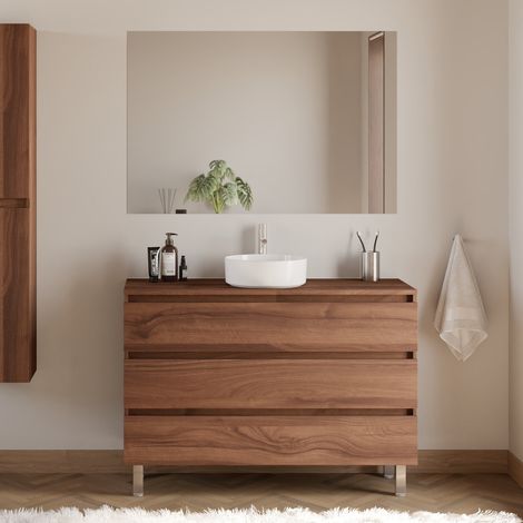 Meuble de salle de bain 120cm avec plateau et vasque à poser ronde - 3 tiroirs - noyer (bois foncé) - MAYOR (1/5)