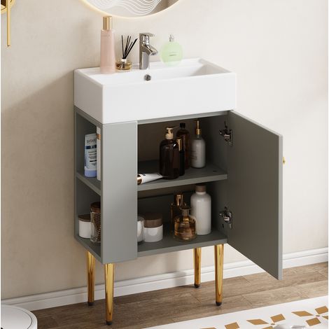 Mueble de baño con lavabo de 55 cm, compacto, de suelo, MDF gris claro y blanco HAVRYA (1/5)
