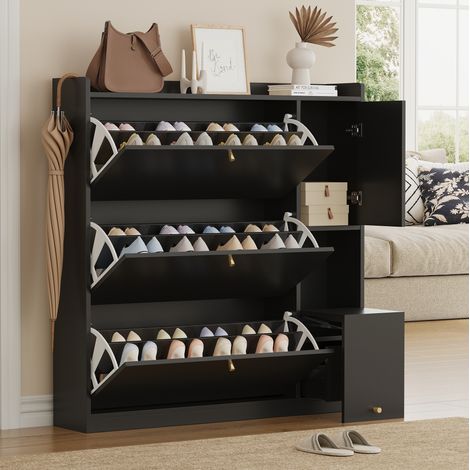 Zapatero de 3 abatibles con banco abatible, 119 x 24 x 122 cm, negro HAVRYA (1/5)