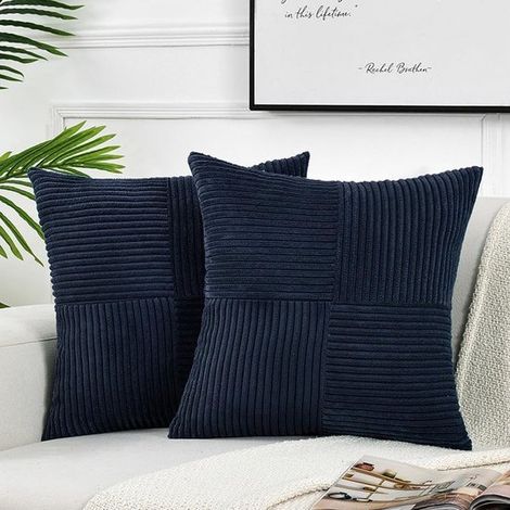 Lot de 2 housses de coussin décoratives pour canapé-lit, style rustique bohème, housse de coussin carrée (40 x 40 cm) en patchwork de velours côtelé doux - Bleu marine (1/5)