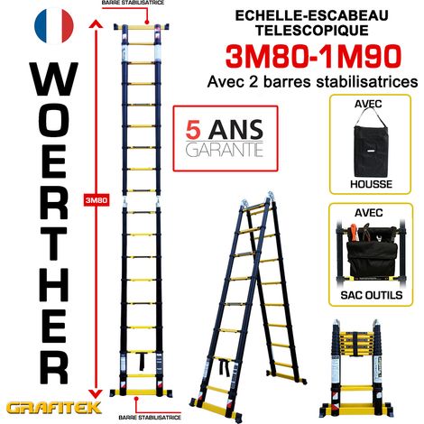 Echelle-escbeau télescopique3m80/1m90 Woerther avec barre stabilisatrice - Avec housse et sac porte outils - Charge maximal 150Kg - Garantie 5 ans (1/3)