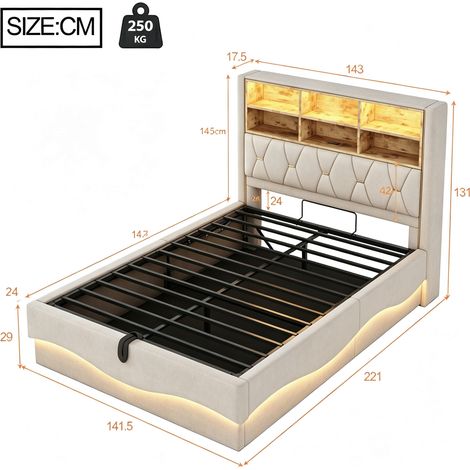 Stauraumbett 140x200 cm Leinen Beige mit LED, USB und Bettkasten – ohne Matratze – MEUBLIV (1/5)