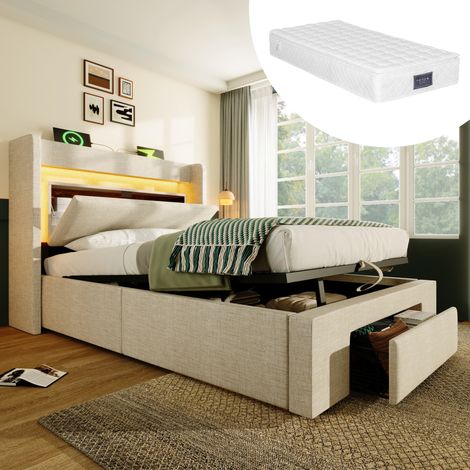 Bett Bettgestell 90x200 Stauraum LED Beige HAVRYA (1/5)