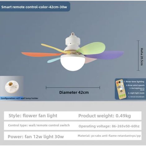 Luminaire ventilateur de plafond à 6 pales E27 avec télécommande combinaison ventilateur et lampe de plafond couleur 30W changement de trois couleurs modèle avec télécommande avec douille