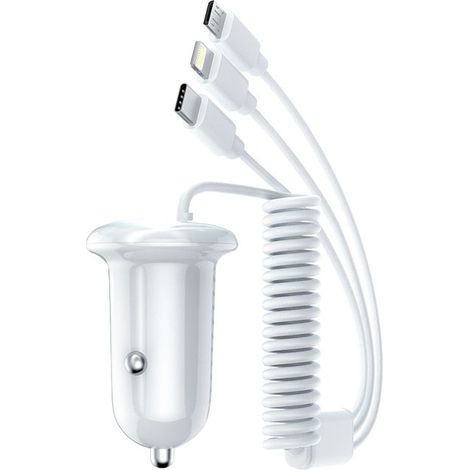 Chargeur de voiture 3-en-1 blanc 15 W à double port : câble de données micro-USB vers USB-C et adaptateur secteur intégrés – compati (1/4)