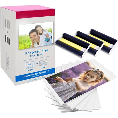 Compatible avec Canon Selphy CP1500 CP1300 CP1000 CP1200 CP910 Kits de papier photo à encre, 100x148 mm, 108 feuilles de papier et 3 cassettes d'encre couleur, pour Canon Selphy KP-108IN CP810 (1/5)