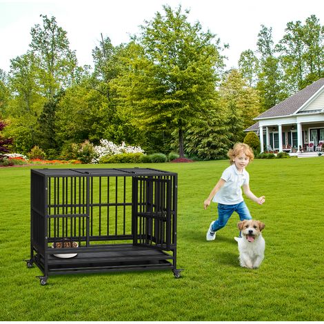 Cage pour chien robuste en acier indestructible - Anti-évasion, double porte, roues verrouillables à 360°, plateau amovible, montage facile - Pour chiens de toutes tailles - Taille 37 pouces (1/5)