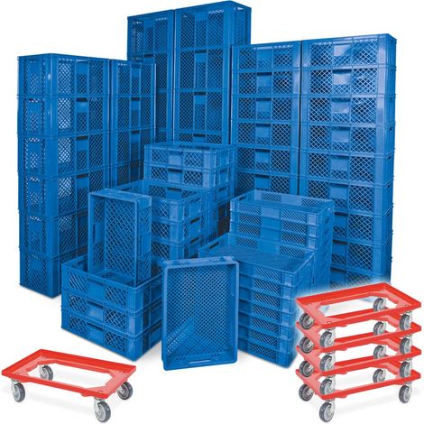 BRB 78 Stück Stapelkörbe/Bäckerkästen in 5 Größen, Grundmaß LxB 600x400 mm, H 90 mm, 150 mm, 240 mm, 320 mm, 410 mm, + 5X Transportroller rot (blau)