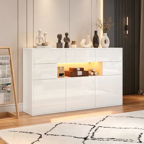 Buffet de Salon Blanc avec LED Commode en MDF Laqué 3 Tiroirs et 5 Placards 140 x 30 x 82 cm - PANGIVO (1/5)