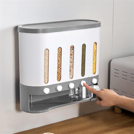 Distributeur de céréales mural - Boîte de rangement pour céréales sèches - Seau avec tasse (blanc gris) (1/5)