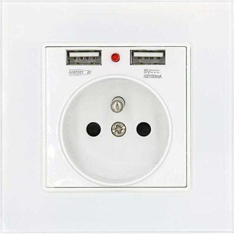 Prise Murale - Prise Standard Français 16 A 250 V - Avec Indicateur De Puissance Et Ports USB Double 2.1 A - Panneau En Verre Trempé - Blanc - 1 Pièce (1/5)